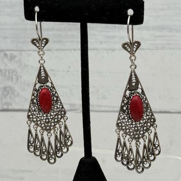 DGS Turkey 925 Sterling Silver Filigree Carnelian Dangle Earrings 16.4 grams - Picture 12 of 13